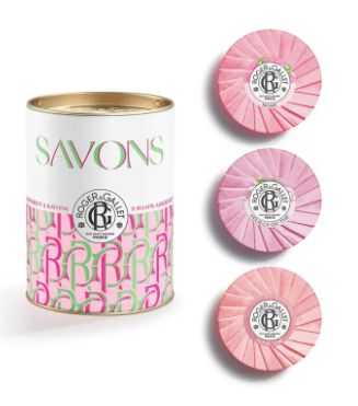 ROGER & GALLET BOITE METAL 3 SAVONS ROSE/FEILLE DE THE/ROSE THE 300G