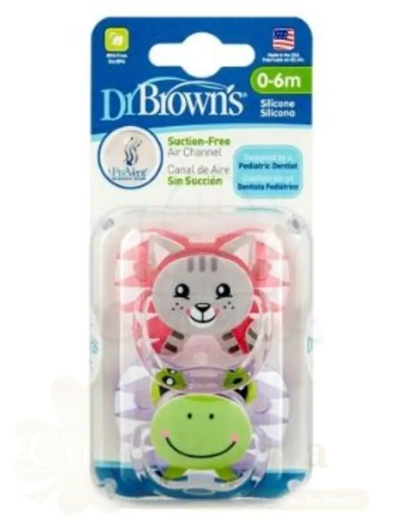 DR BROWNS 2 SUCETTES PREVENT FILLE ANIMAL FACES 0-6M PV12014