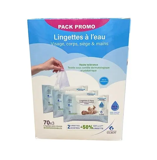 GILBERT LINGETTES À L’EAU PACK PROMO 3*70U BIODEGRADABLES (-50% SUR LA 3...