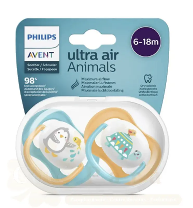 AVENT 2 SUCETTES ULTRA AIR ANIMALS 6-18 BOY/PENG/TURT SCF080/07