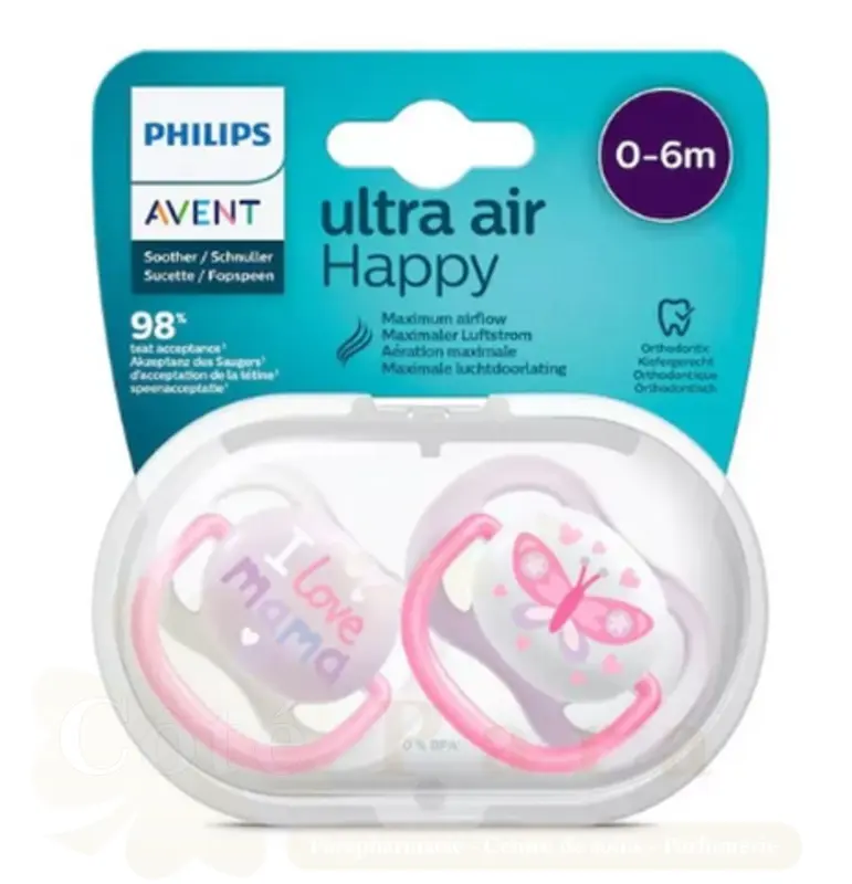 AVENT 2 SUCETTES ULTRA AIR HAPPY 0-6 GIRL/MAM/BFL SCF080/02