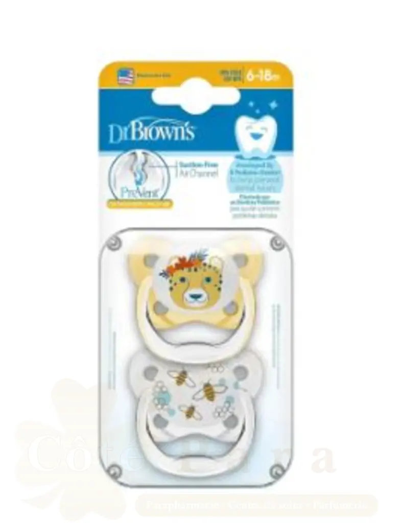 DR BROWNS 2 SUCETTES PREVENT PACIFIER YELLOW 6-18M PV22301
